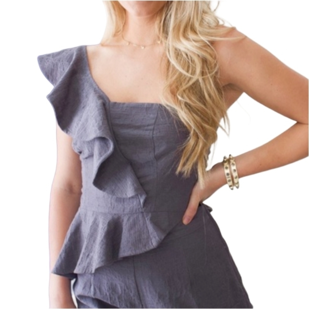 Shilla The Label Gray Empire Ruffled One-Shoulder Top NWT Size XS